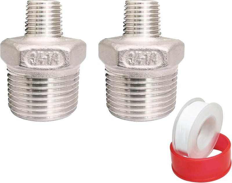 POTONZ 3/4" Male x 1/4" Male NPT Threaded Reducing Hex Nipple， 304 Stainless Steel Reducing Pipe Fitting Nipple Adapter With Teflon Plumbers Tape (Pack of 2) - Image 1